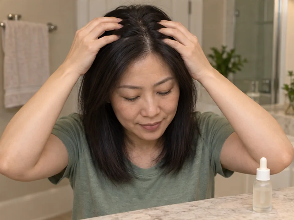A woman uses relaxed finger pads to spread serum on her own scalp with the bottle put down.