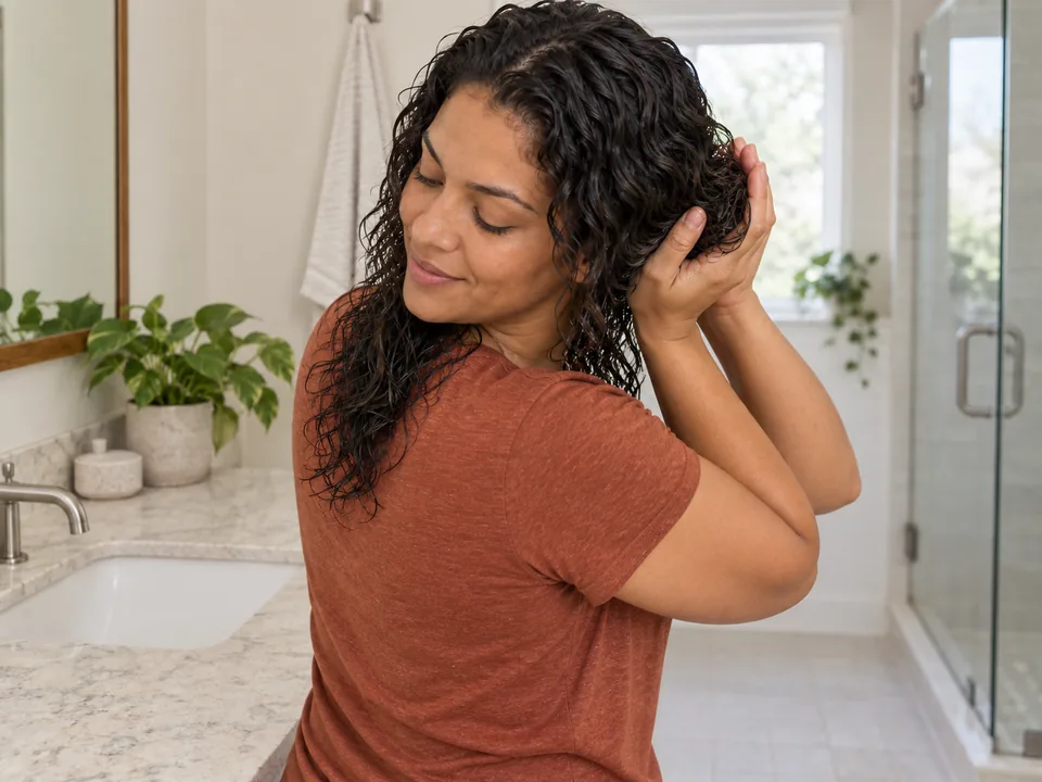 Woman gathers the opposite side of her wet wavy-curly hair in both open hands during a cup-and-release cycle.