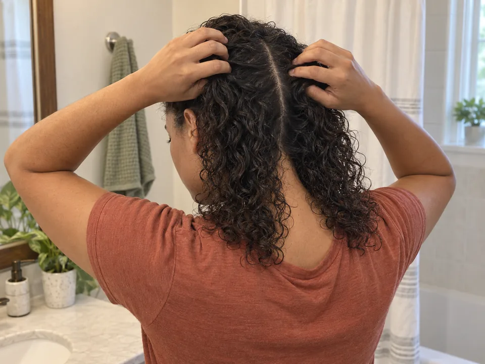 A woman uses both hands to separate her own damp curls along a rough part toward the back of her head.