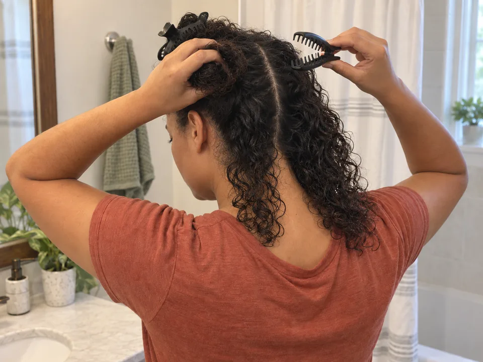 A woman supports a loose section of her own curls with one hand and holds an open clip ready for placement with the other.