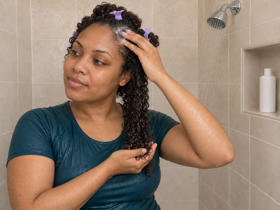 A woman lifts one loose section and gently massages shampoo into its scalp area while other sections are clipped aside.