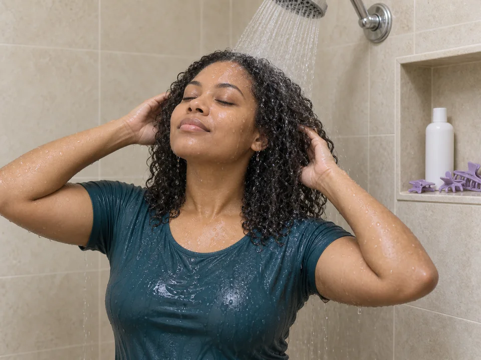 A woman rinses her own loose hair under a fixed showerhead after removing all sectioning clips.