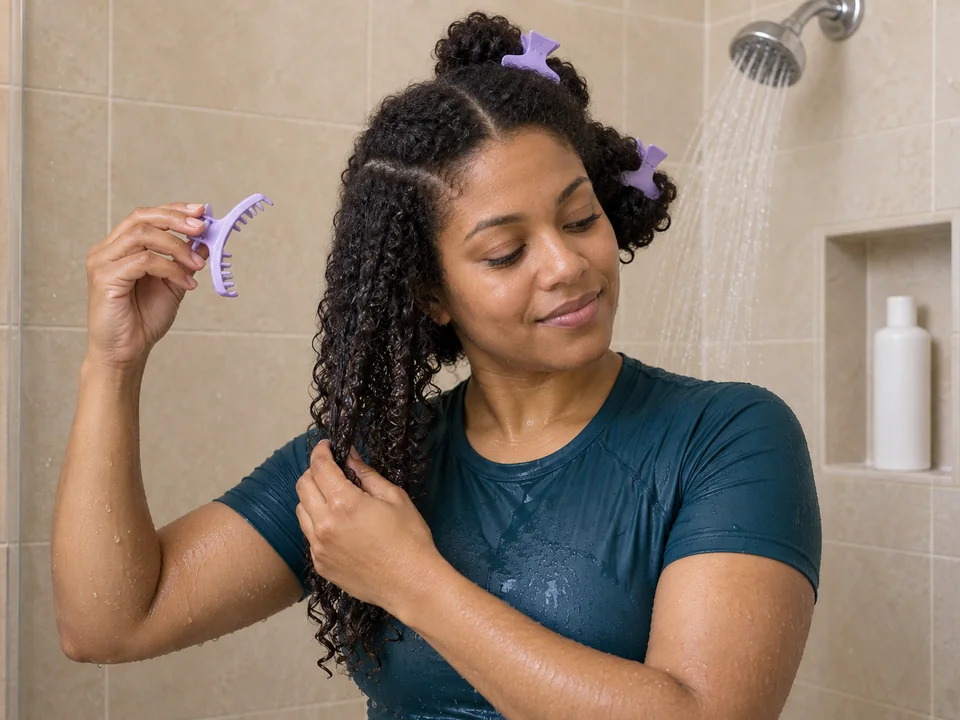 A woman opens a sectioning clip while supporting a released section of her own wet hair.