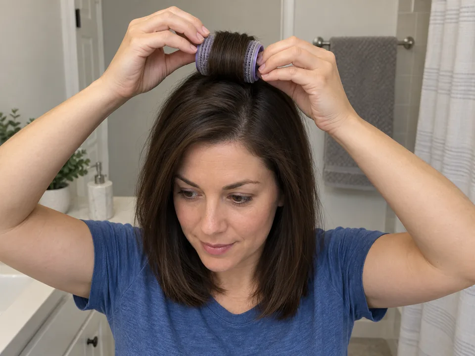 Rolling one dry crown section evenly onto a self-gripping roller with both ends tucked flat.