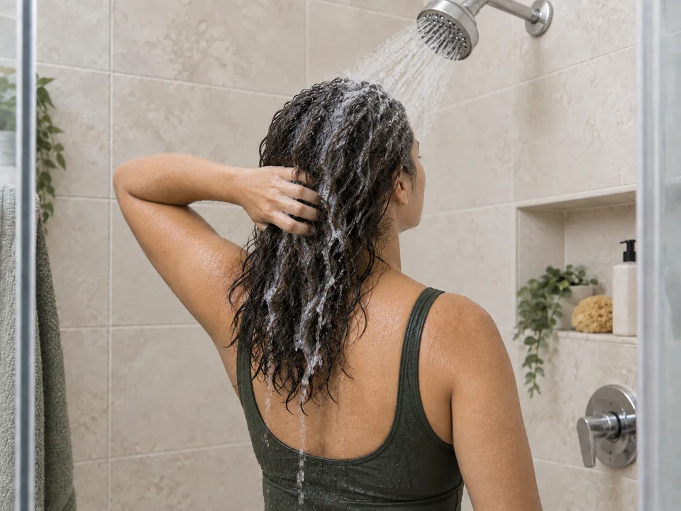 A woman lifts hair near her nape while a fixed shower rinses her crown and diluted suds run down the loose lengths.