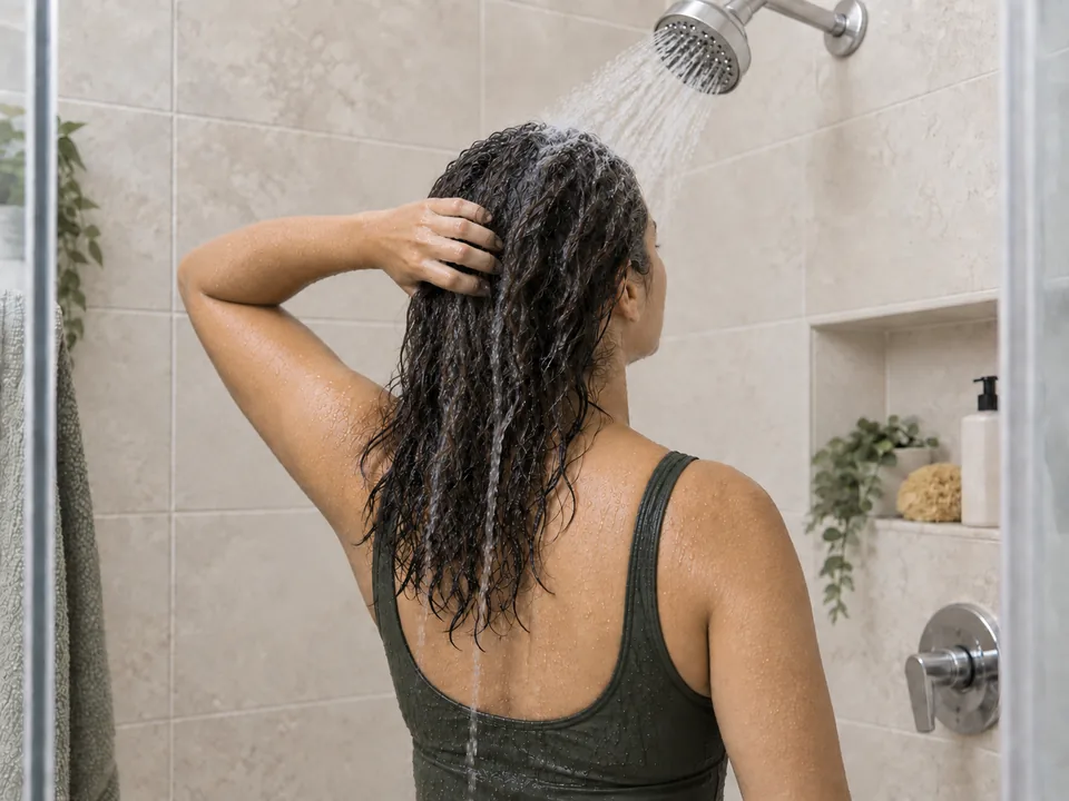 A woman lifts her own wet hair at the back while water from a fixed showerhead reaches her crown.