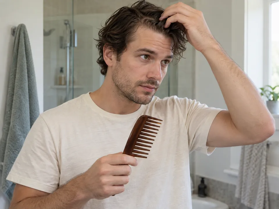 A man uses his fingertips to choose a comfortable side direction for his short hair.