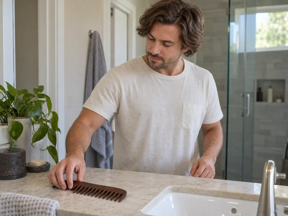 A man leaves his short hair to dry loose after setting down the comb.