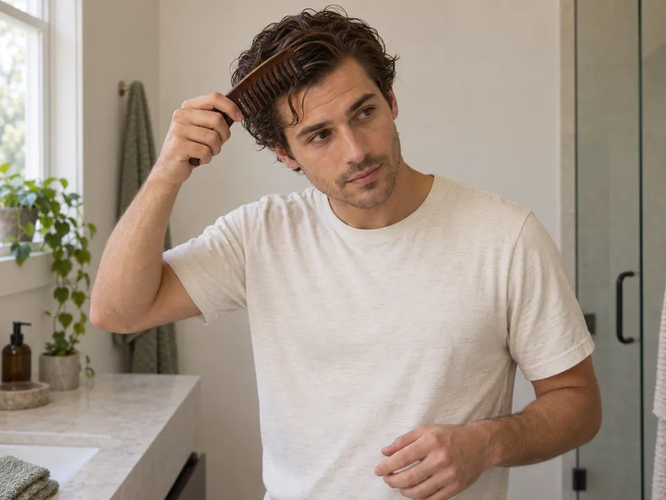 A man gently combs a damp front section toward the side.