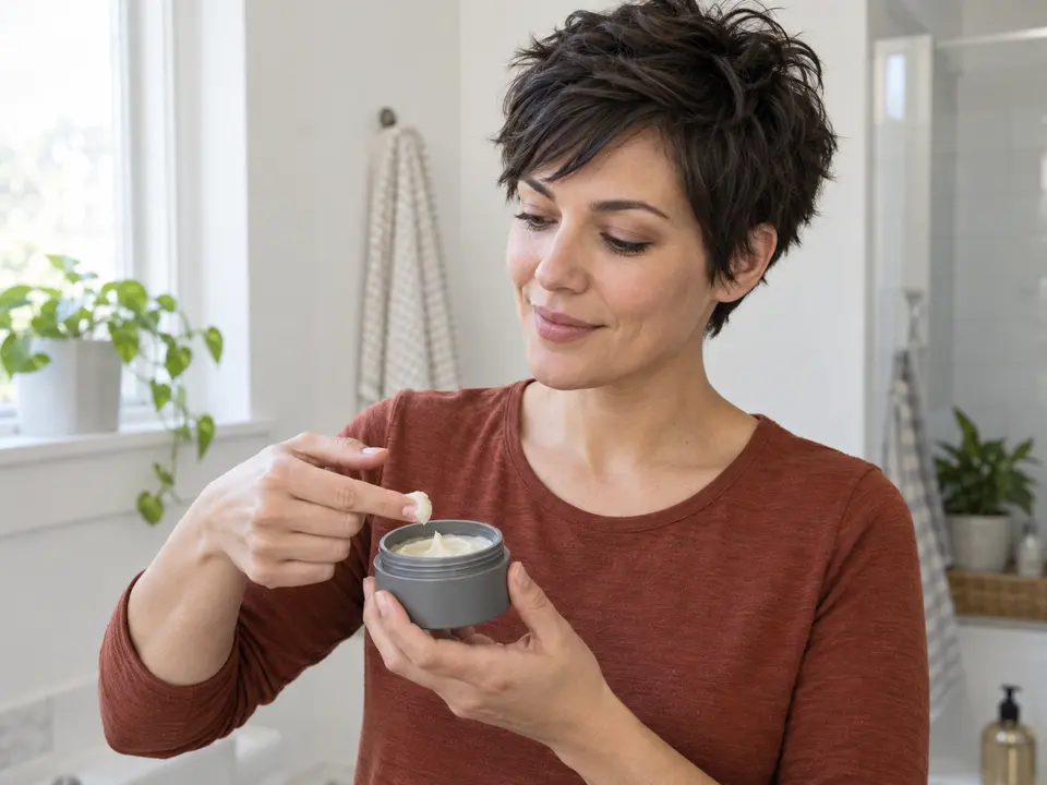 A woman with a short dark pixie haircut lifts a small amount of styling paste from an unbranded jar with her fingertip.