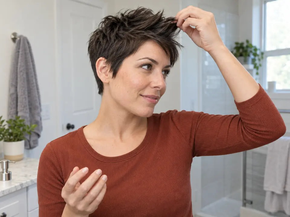 A woman pinches one short front piece of her dark hair into place with two fingertips.