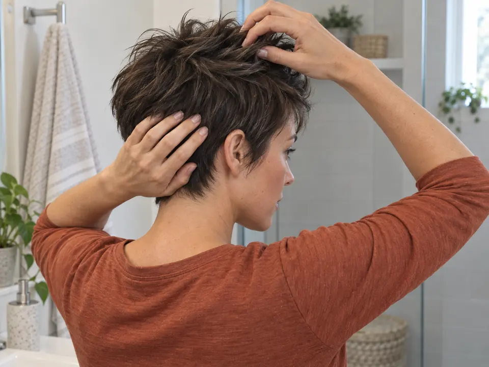 A woman uses her fingertips to work styling paste through a small area at the crown of her short hair.