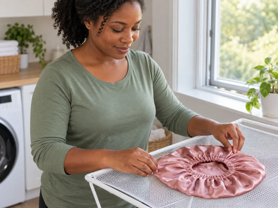 A woman reshapes a clean satin sleep bonnet on a flat mesh drying rack.