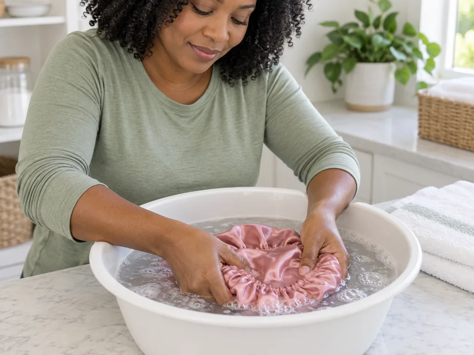 A woman gently squeezes a satin sleep bonnet under water in a clean basin.