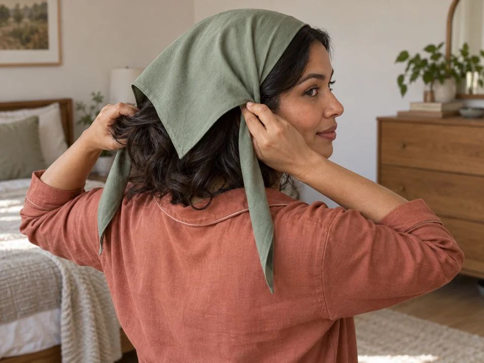 A woman holds one scarf corner while tucking her own loose hair beneath the back of the draped scarf.