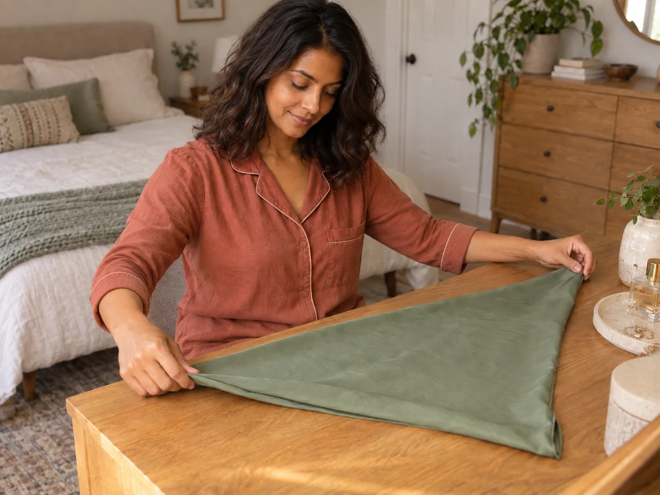 A woman folds a sage square scarf into a triangle on a bedroom dresser.