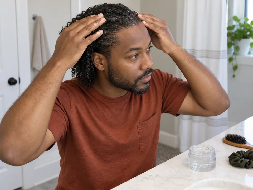 Applying a thin layer of generic gel over damp surface hair with clean palms, away from the scalp.