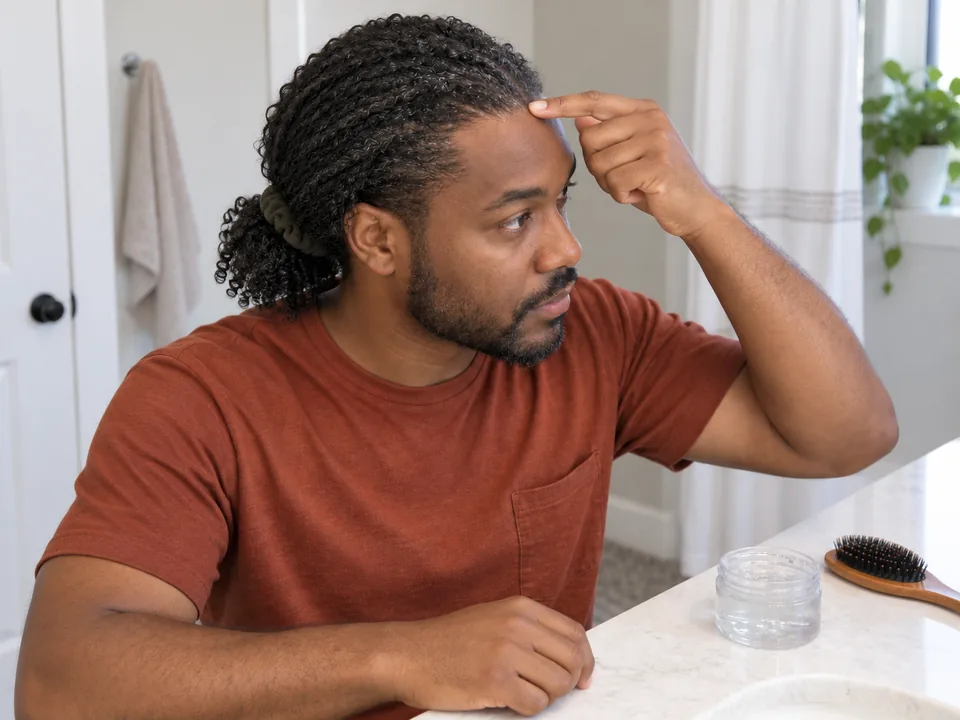 Checking a low slick-back by sliding one fingertip under the relaxed hairline above a soft tie.