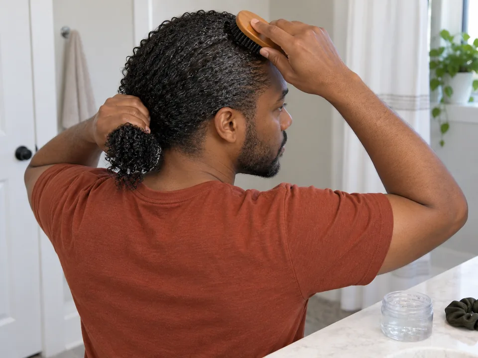 Soft-brushing damp surface hair backward while the other hand gathers lengths with visibly slack tension.