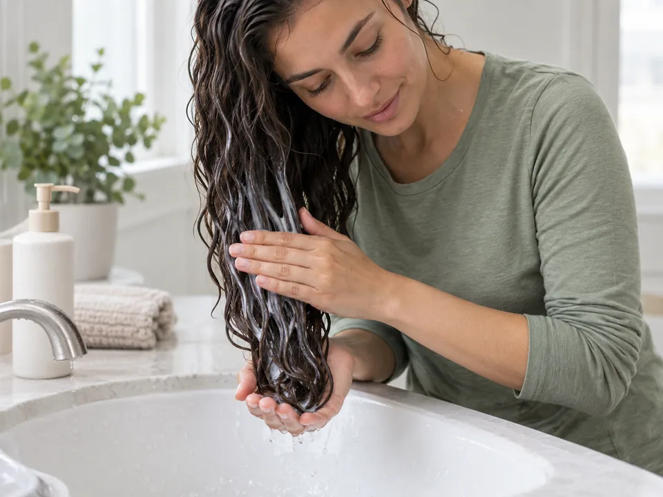 Both hands saturate wavy hair and spread rinse-out conditioner through the wet lengths.