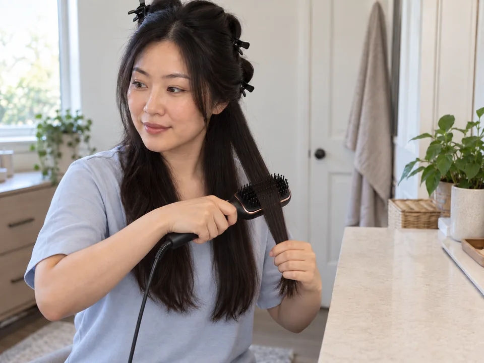 Passing a heated straightening brush down one dry section while the other hand holds the cool ends far below the hot bristles.