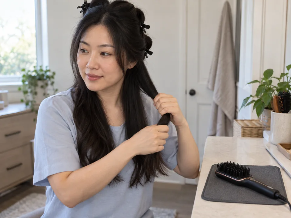 Holding one fully dry detangled section beside an unplugged heated straightening brush on a heatproof mat.