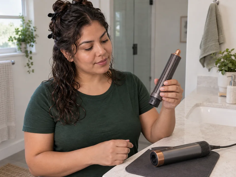 Selecting one airflow-wrap barrel beside clipped damp hair while the unplugged multi-styler rests safely.