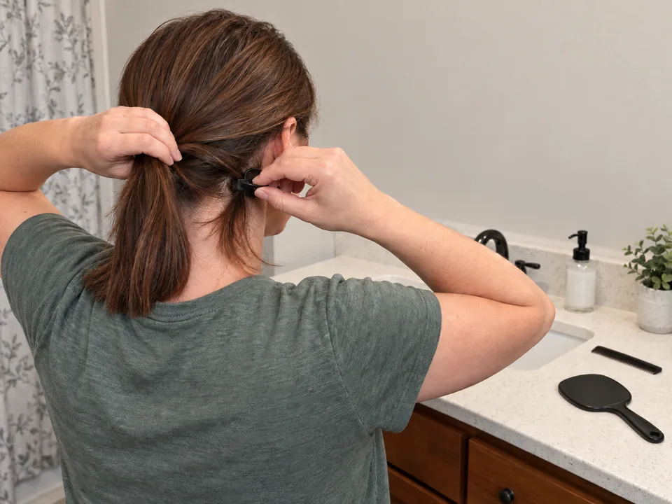 Both hands separating one reachable back section by touch while the hand mirror rests on the counter.