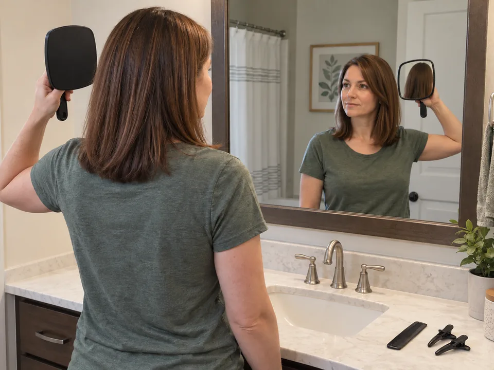 Facing a stable wall mirror while holding a hand mirror behind and to one side so the back target is visible.