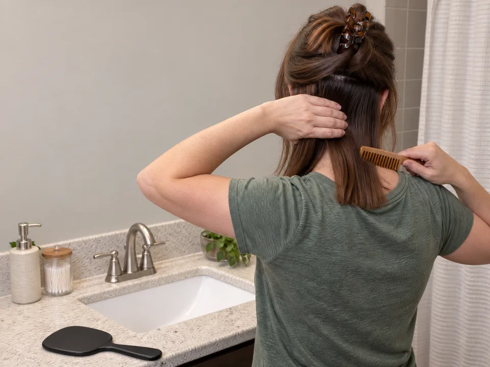 Using a generic comb on one back section while the other hand steadies the hair and the hand mirror stays down.