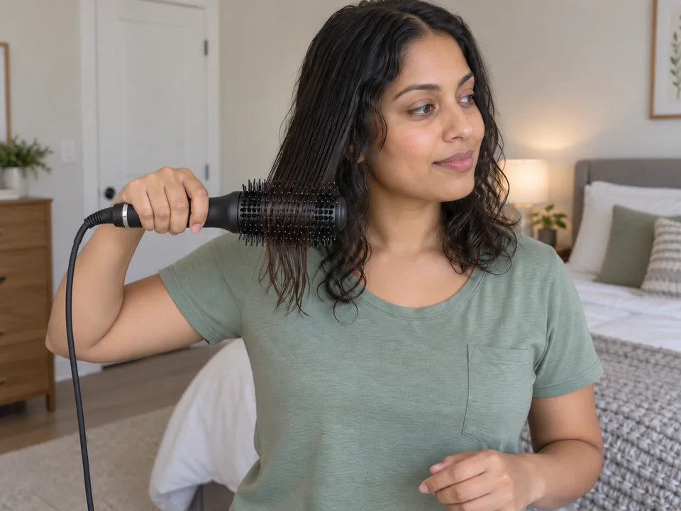 Holding an electric hot-air brush under a small section with loose ends free of the bristles.