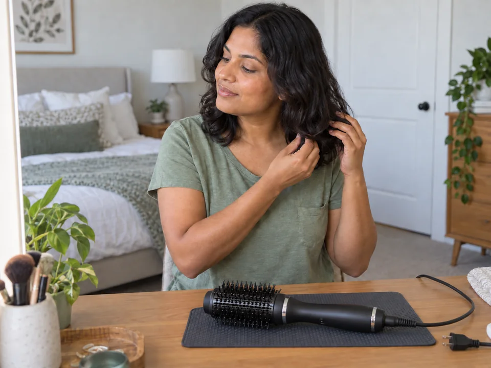 Checking the underside of dry hair with the unplugged oval brush on its mat.