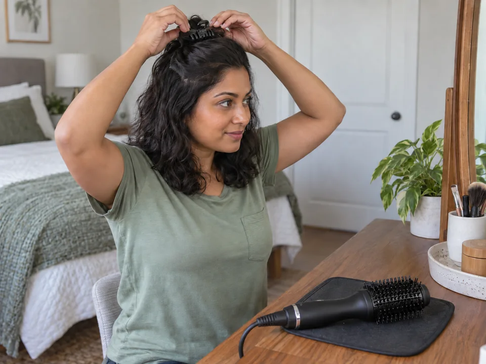 Clipping upper hair away beside a resting oval hot-air brush.