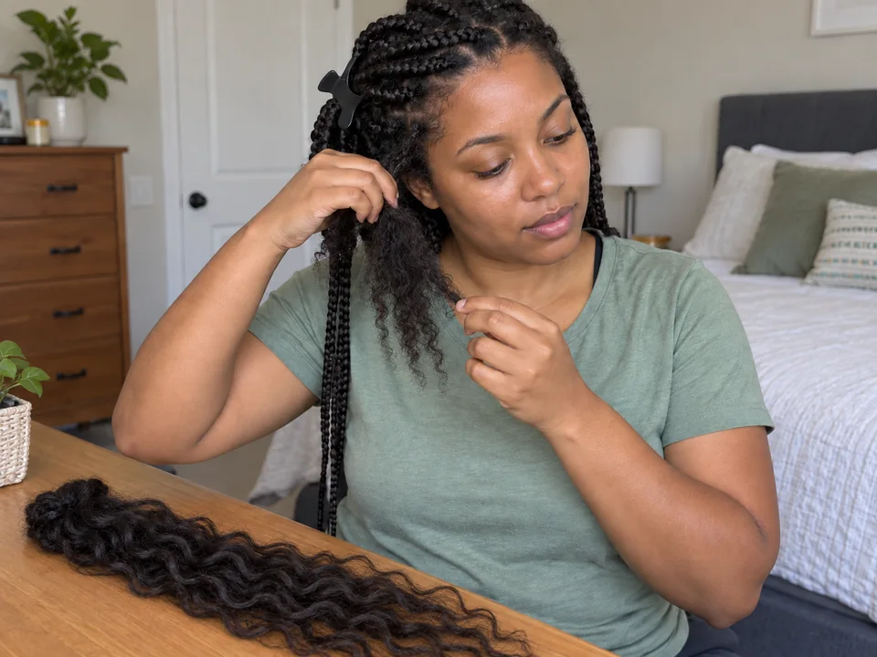 Gently separating a released natural section with removed loose extension hair on the table.