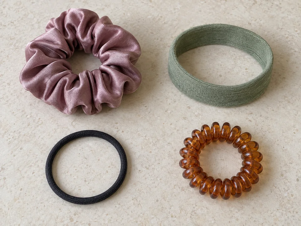 Four hair ties: a mauve scrunchie at top left, wide green fabric ring at top right, slim charcoal covered elastic at bottom left and amber spiral at bottom right.