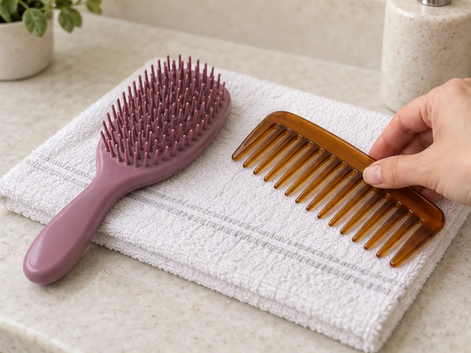A clean plastic brush rests teeth-up beside a comb on a towel; a hand sets down the comb.