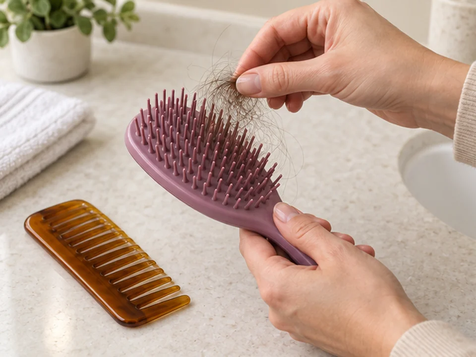 Hands lift caught hairs gently from the teeth of a detached plastic hairbrush.