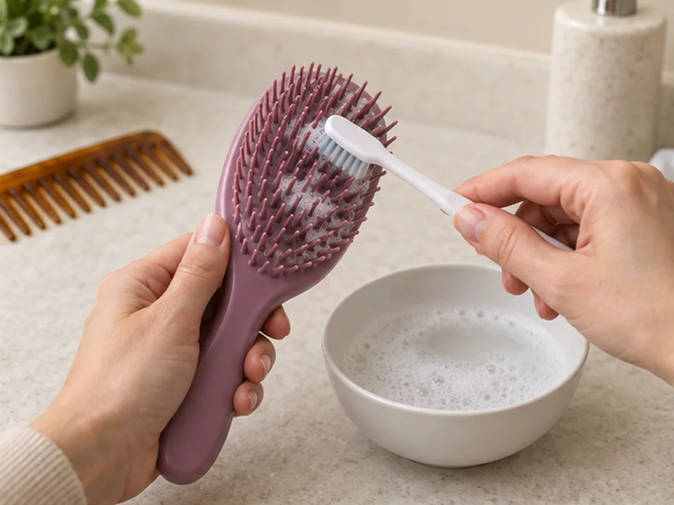 Hands use a soft toothbrush to clean between the teeth of a washable plastic hairbrush held above a bowl.