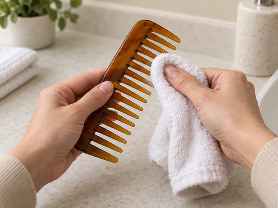 Hands wipe an amber comb tooth and gap with a clean dry cloth.