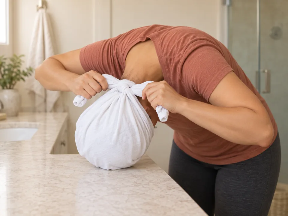 Woman stays bent forward with her head upside down, tying the T-shirt sleeves behind her head while the fabric encloses the curls piled at her crown.