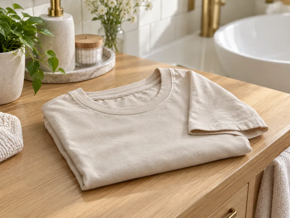 A clean cotton T-shirt on a dry bathroom counter.