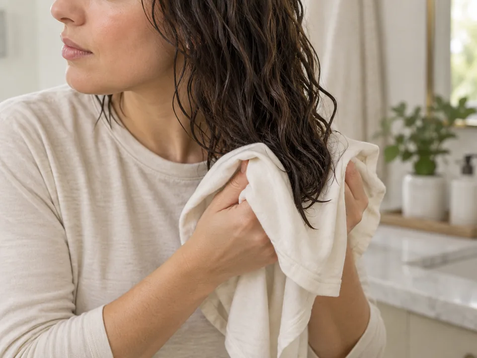 Hands gently pressing cotton fabric around the lower lengths of wet hair.