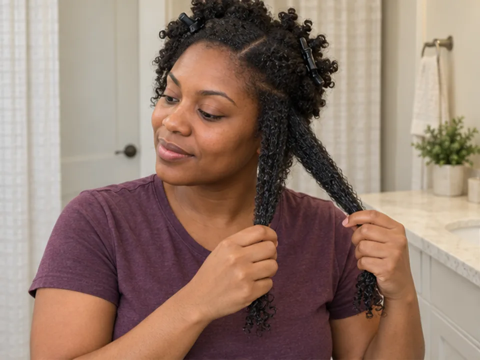 Woman divides one damp section of her own coily hair into two strands while the rest is held in loose clips.