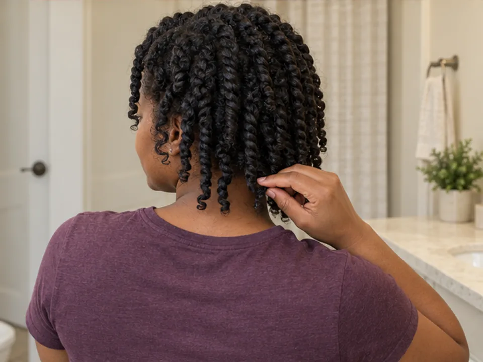 Woman checks one of her finished two-strand twists near the nape with her fingertips before takedown.