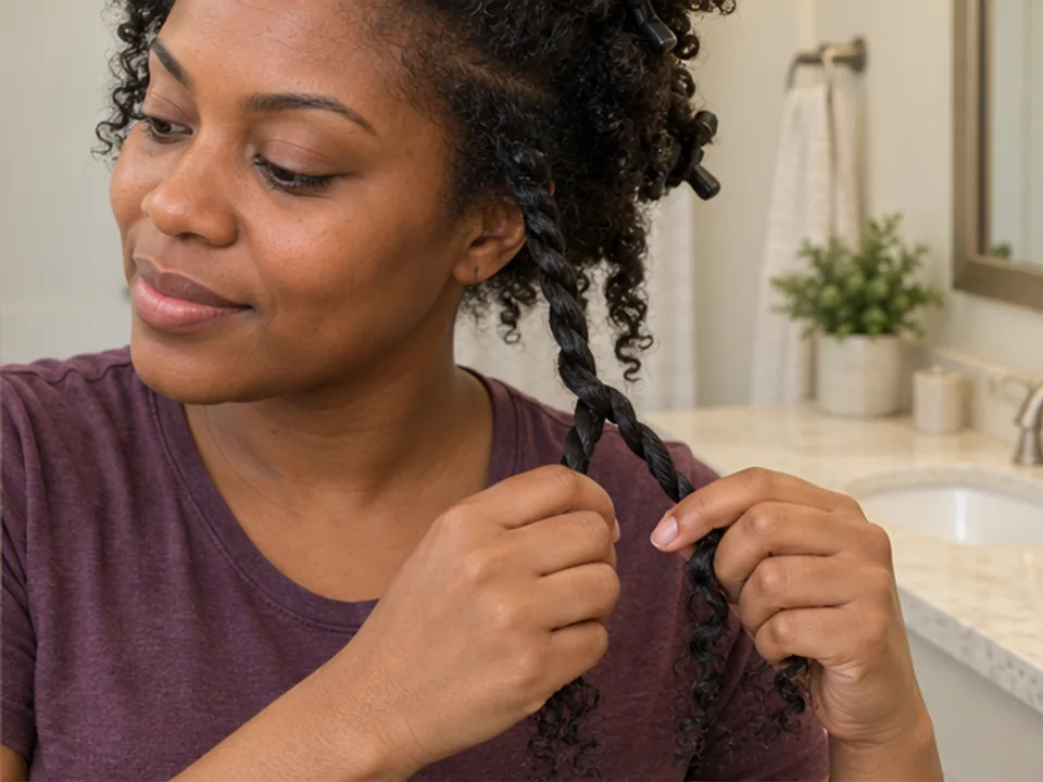 Woman crosses two strands of her own damp coily hair in the same direction to form a hanging twist.