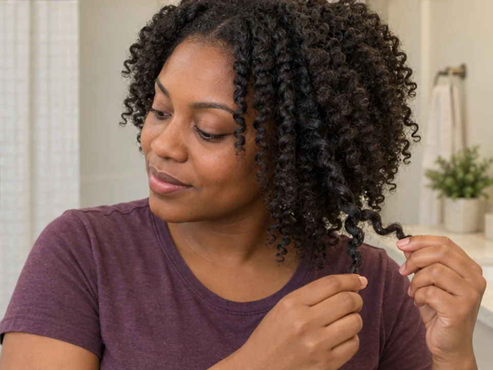 Woman uses both hands to unwind one fully dry two-strand twist from its end while released sections hang beside it.