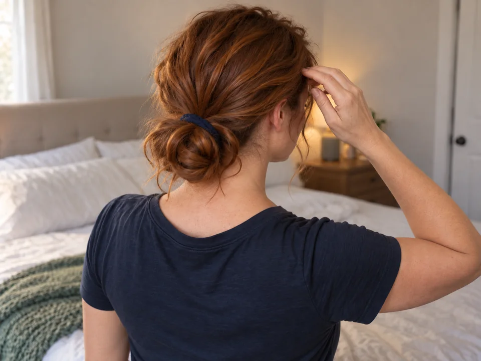 A woman with a loose bun low at the nape lightly checks her hairline with one hand while the other arm is lowered.