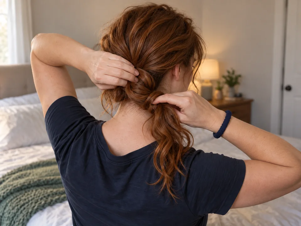 A woman holds her hair at a lower nape anchor while guiding the loose tail around the base, with a soft tie on her wrist.