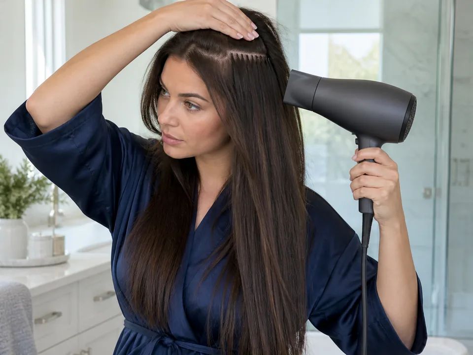 One hand separates extension rows while the other moves a dryer over the attachment areas.