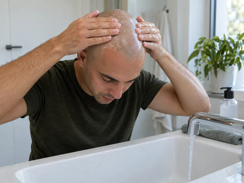 Flat finger pads gently cleanse visible scalp and very short regrowth at a basin.